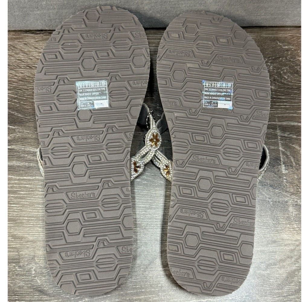 Skechers Cali Yoga Foam Taupe Rhinestone Floral Flip Flop Sandals Womens Size 8 - Picture 8 of 8